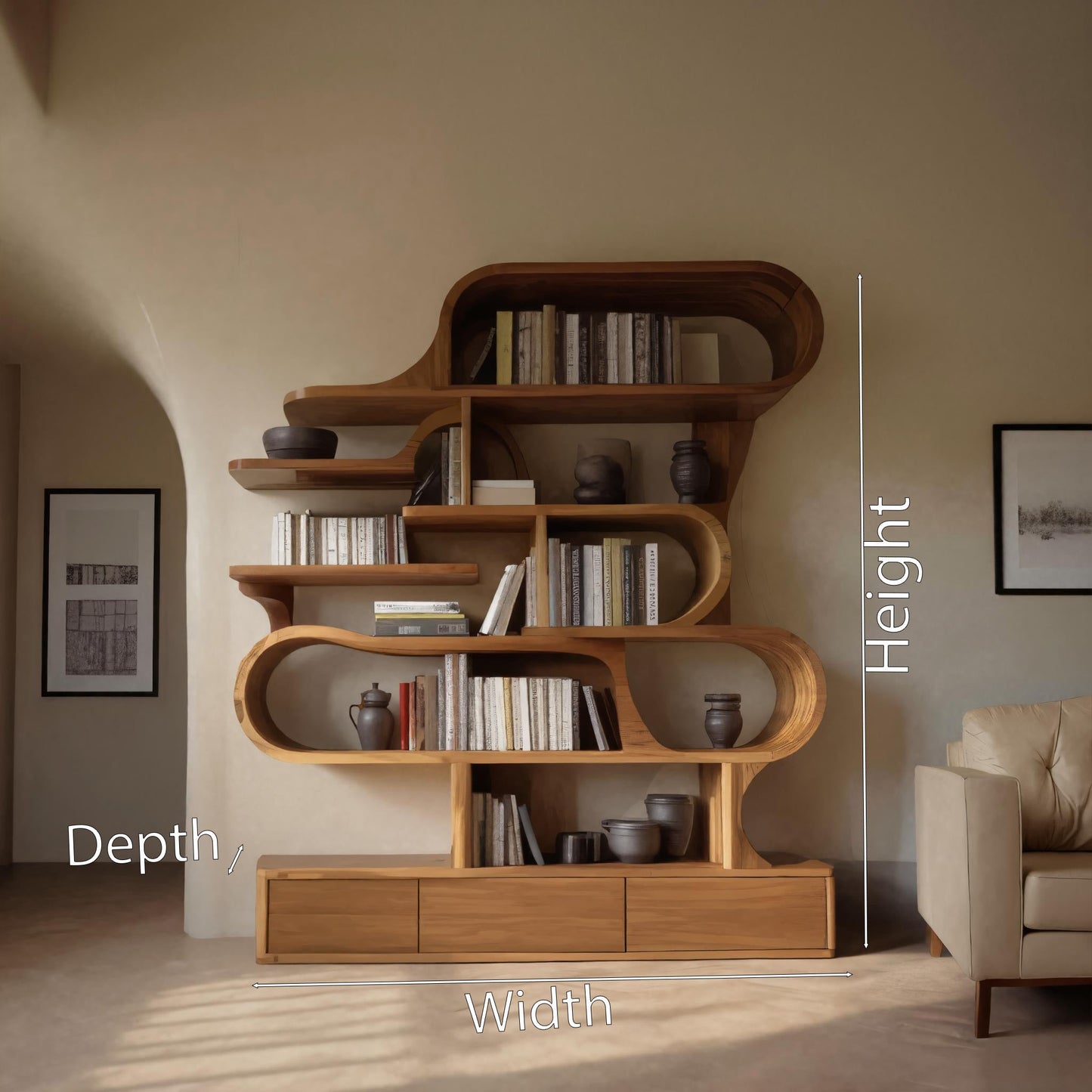 Modern Sculptural Bookshelf With Curved Design For Living Room Or Office