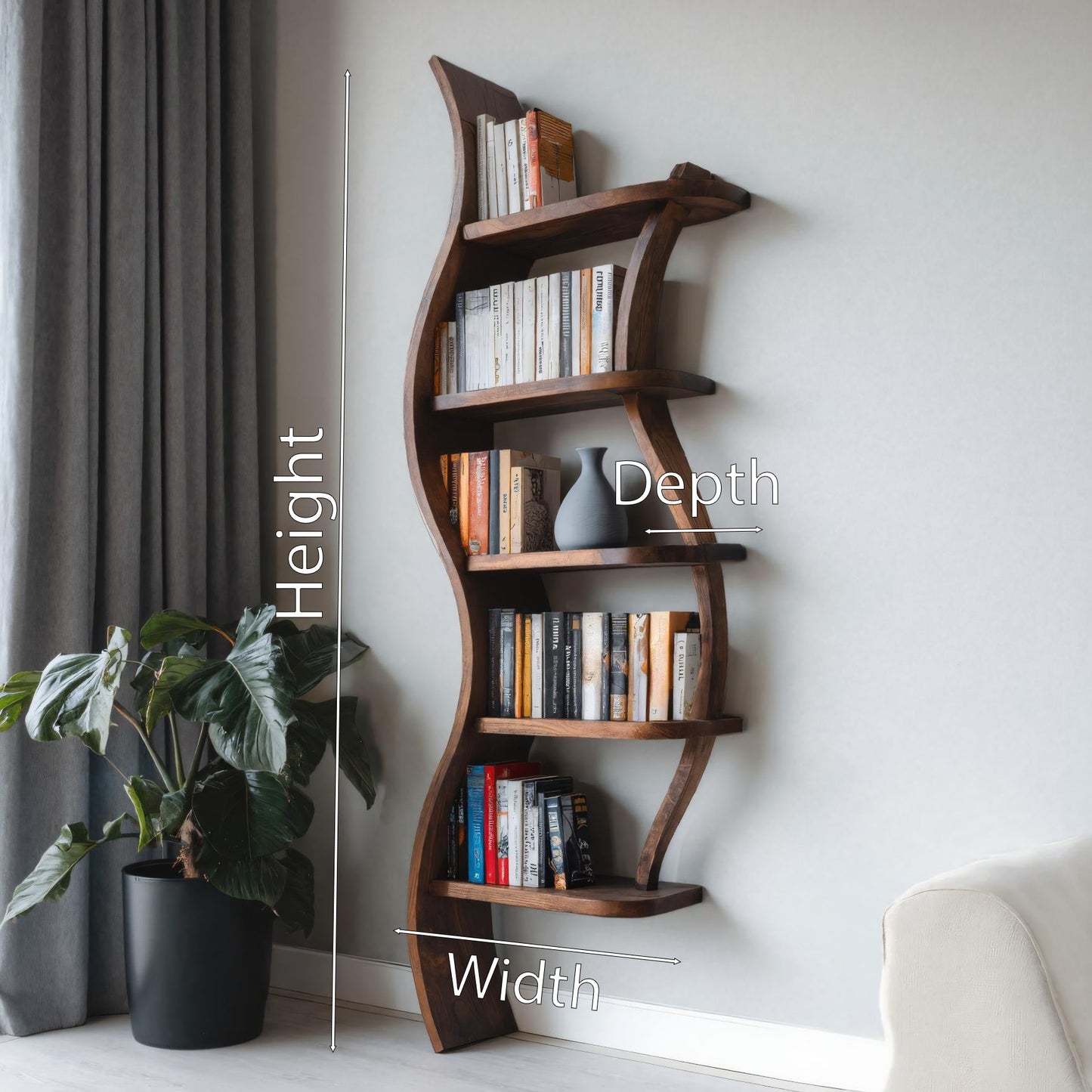Modern Sculptural Bookshelf With Curved Design For Living Room