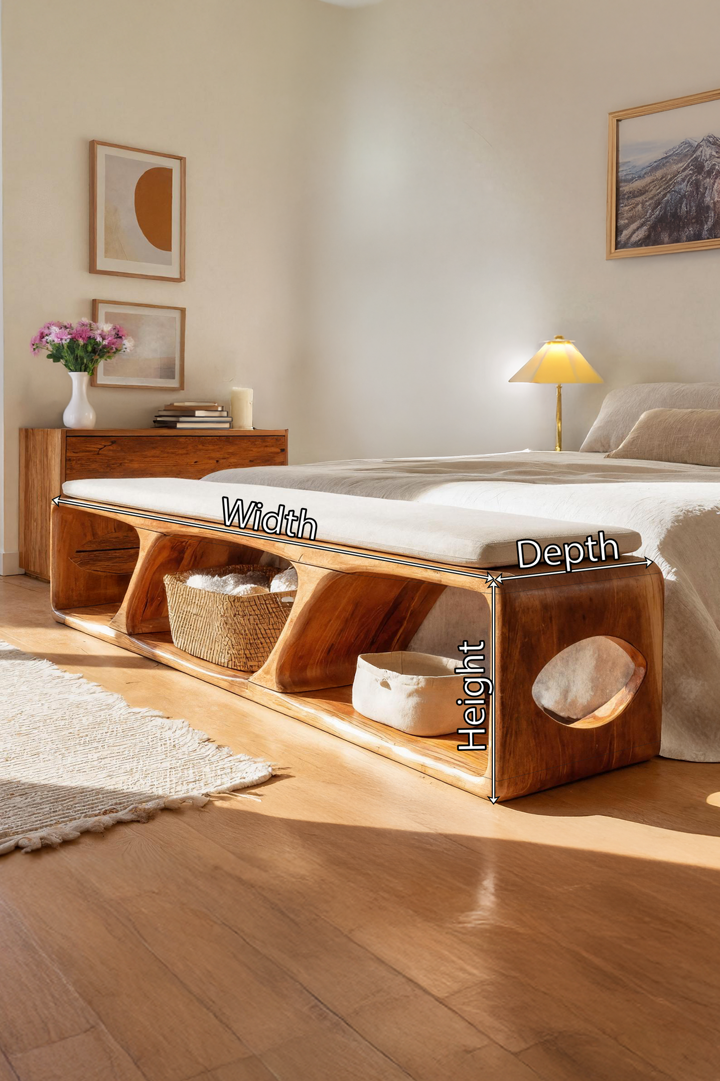 Mid Century Wood Bench For Warm Interior Spaces