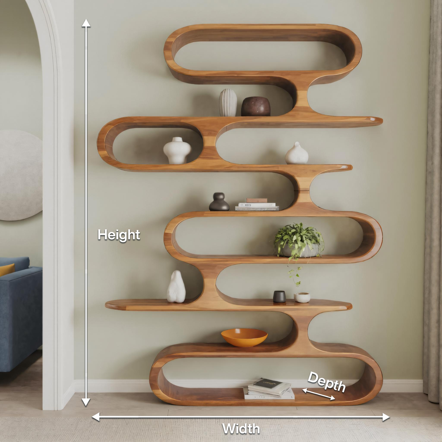 Mid Century Modern Wall Shelf With Flowing Shape For Living Room And Office