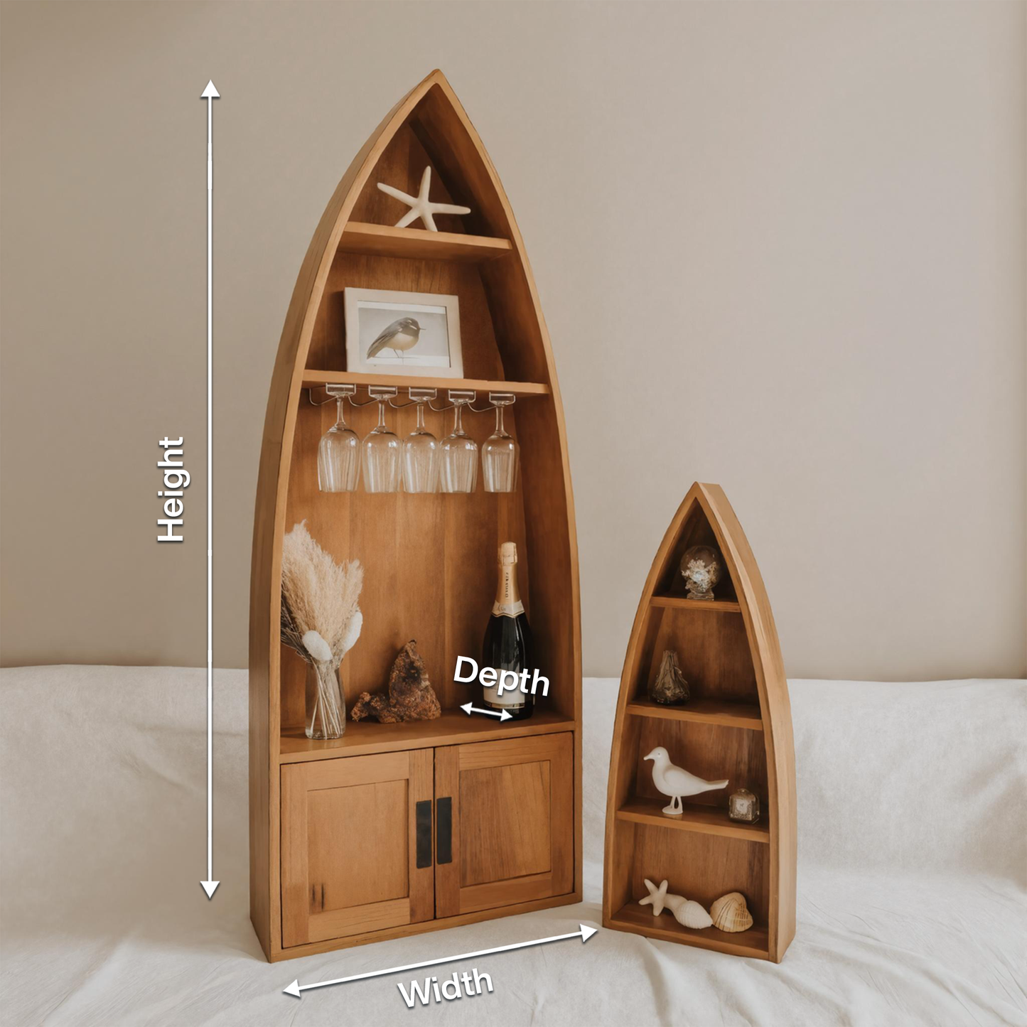 Coastal Boat Shaped Shelf With Glass Rack For Beach House And Living Room