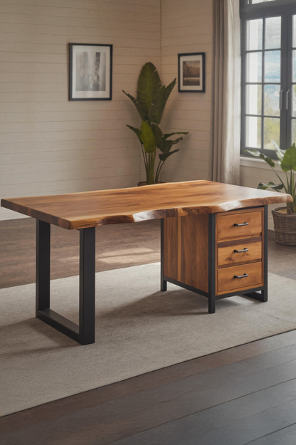 Modern Live Edge Office Desk With Drawer Storage For Workspace
