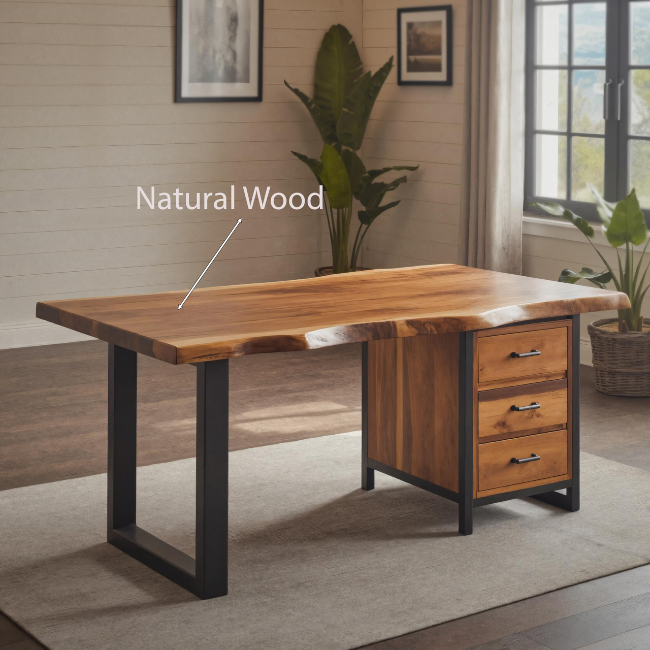 Modern Live Edge Office Desk With Drawer Storage For Workspace