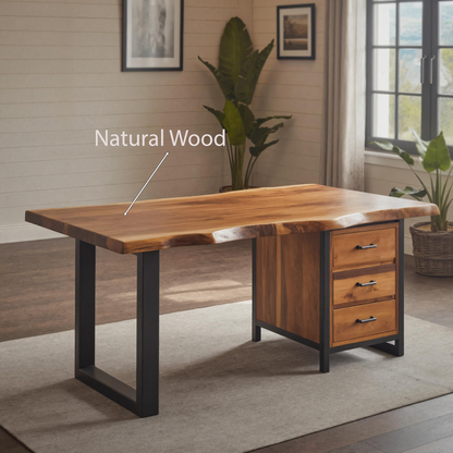 Modern Live Edge Office Desk With Drawer Storage For Workspace