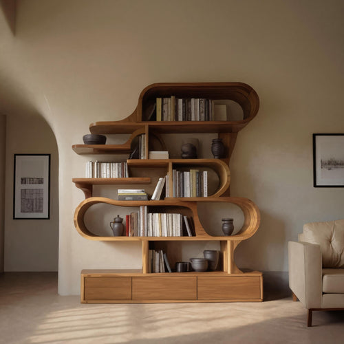 Modern Sculptural Bookshelf With Curved Design For Living Room Or Office