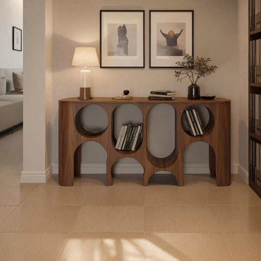 Modern Carved Console Table With Circular Cutout For Entryway
