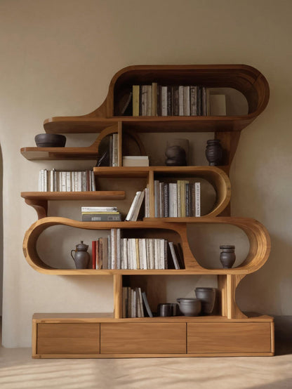 Modern Sculptural Bookshelf With Curved Design For Living Room Or Office
