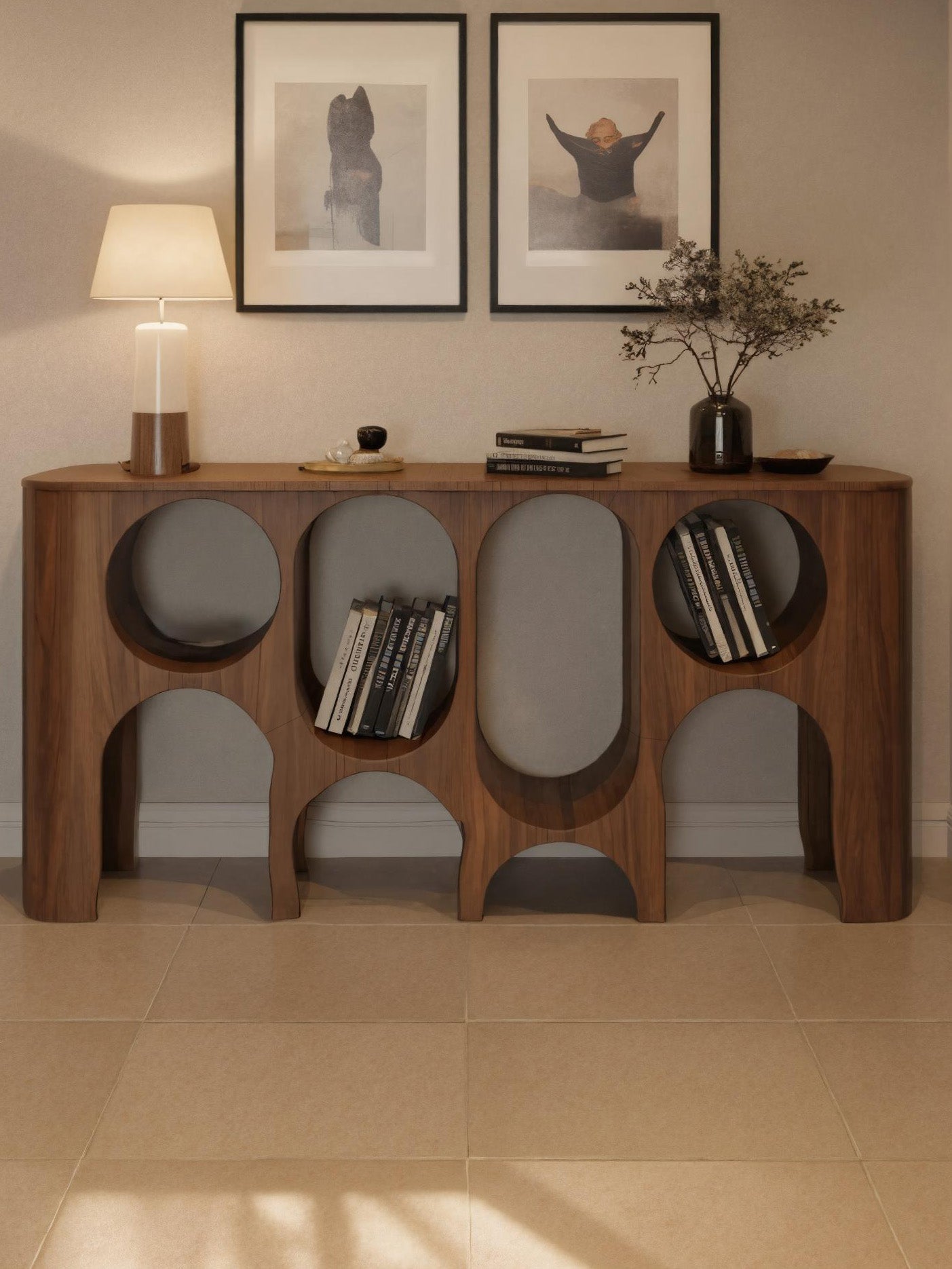 Modern Carved Console Table With Circular Cutout For Entryway