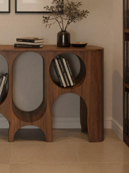 Modern Carved Console Table With Circular Cutout For Entryway