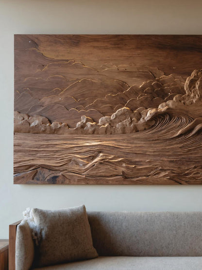 Hand Carved Wall Art With Ocean And Clouds For Living Room