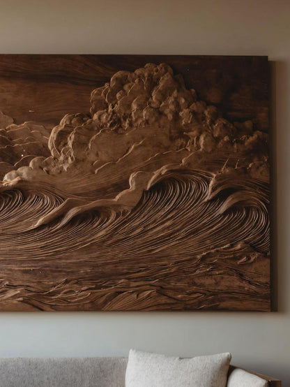 Hand Carved Wall Art With Ocean And Clouds For Living Room