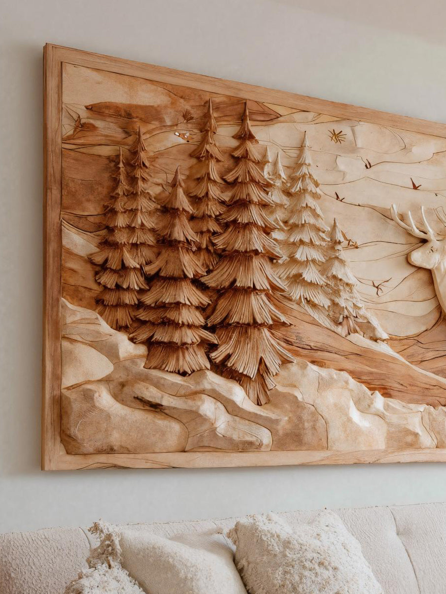 Rustic Wall Art With Carved Deer Scene For Living Room