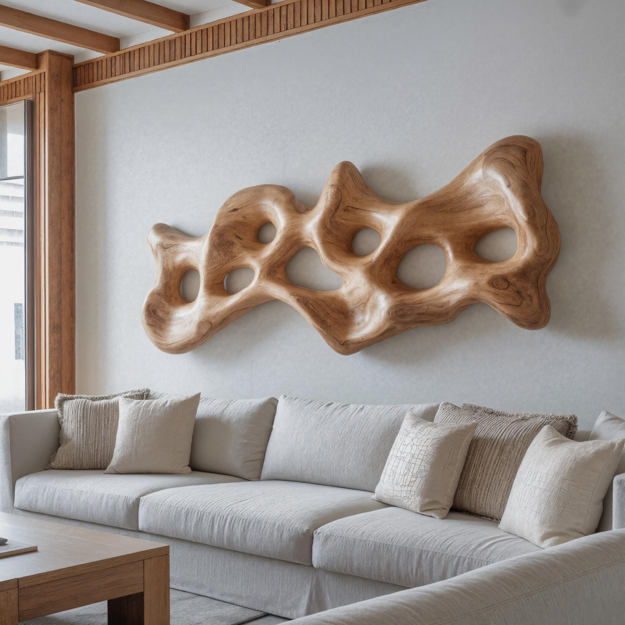 Organic Wall Art Sculpture With Carved Design For Living Room