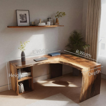Rustic Live Edge L Shaped Desk With Bookshelf For Workspace