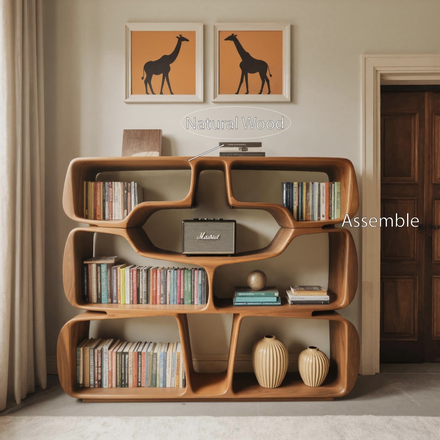 Modern Sculptural Bookshelf With Organic Curves For Living Room