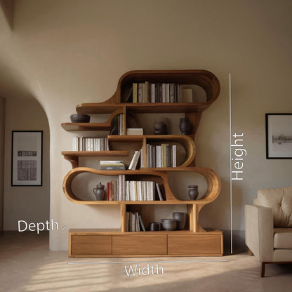 Modern Sculptural Bookshelf With Curved Design For Living Room Or Office