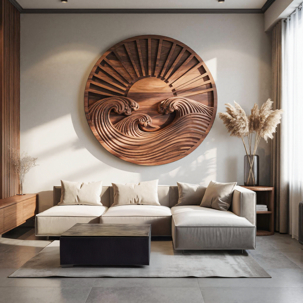 Round Wall Art With Carved Sun And Waves For Bedroom