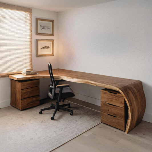 Minimalist Live Edge L Shaped Desk With Drawers For Workspace