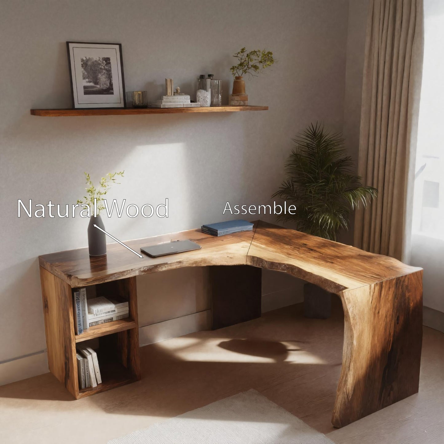 Rustic Live Edge L Shaped Desk With Bookshelf For Workspace