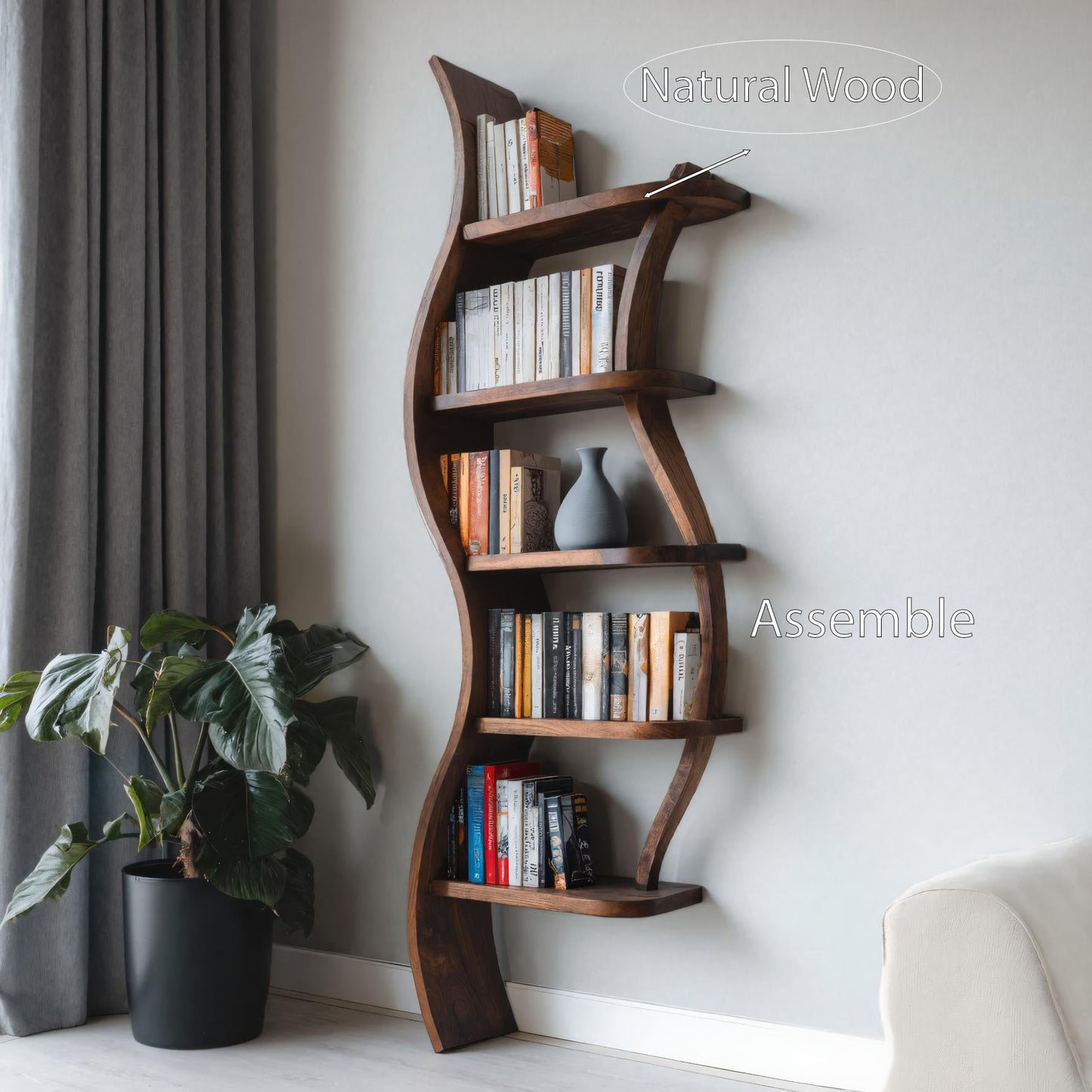 Modern Sculptural Bookshelf With Curved Design For Living Room
