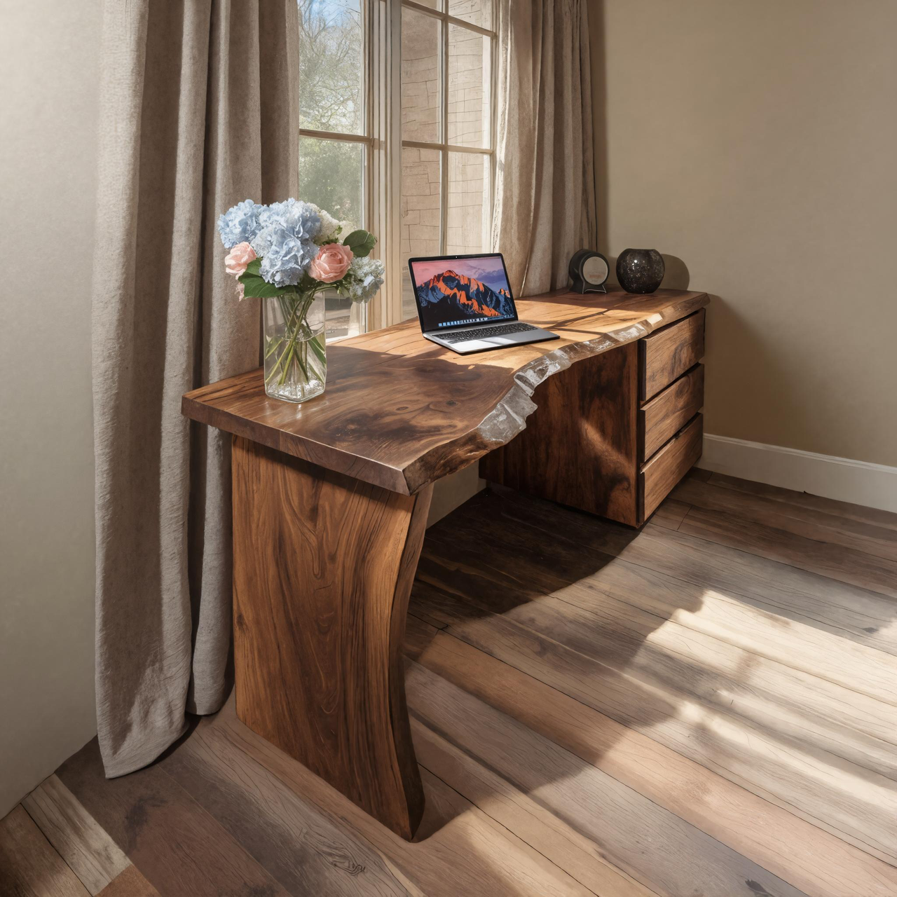 Modern Live Edge Desk With Storage Drawers For Study Room