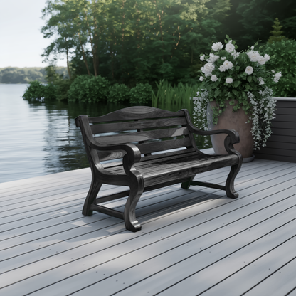 Classic Curved Wood Garden Bench With Sculpted Arms For Patio Or Entryway