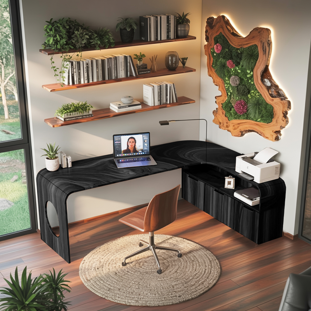 Modern L Shaped Wooden Desk With Rounded Corners For Executive Office
