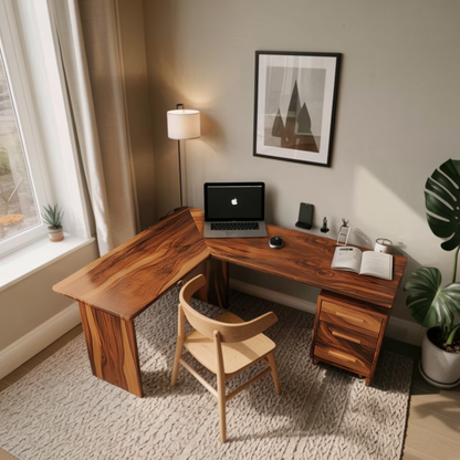 Modern L Shaped Wood Desk With Drawers For Home Office Or Vanity