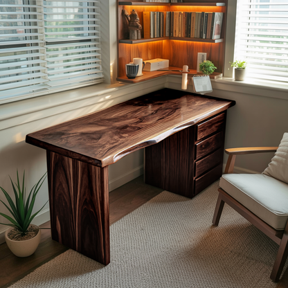 Rustic Live Edge Wooden Desk With Drawers For Home Office Or Study