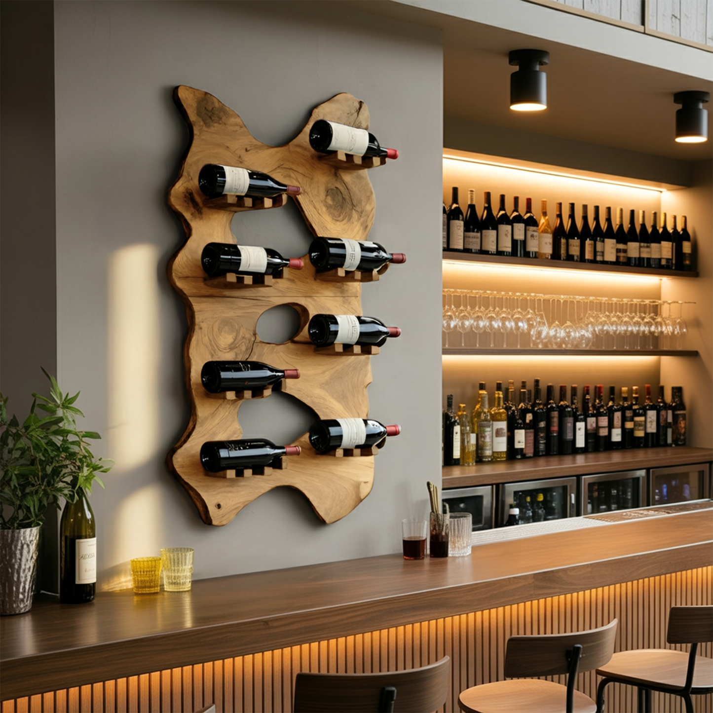 Mid Century Wooden Live Edge Wine Holder For Living Room Decor