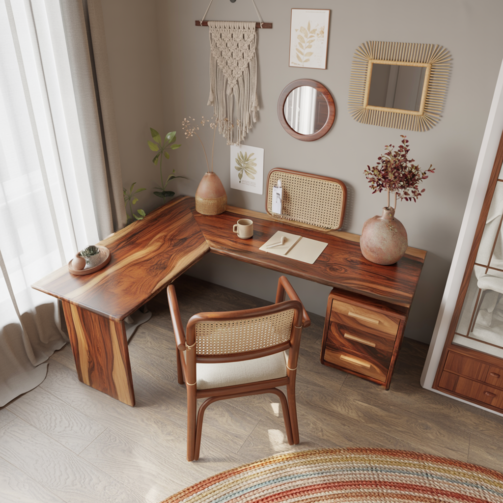 Modern L Shaped Wood Desk With Drawers For Home Office Or Vanity