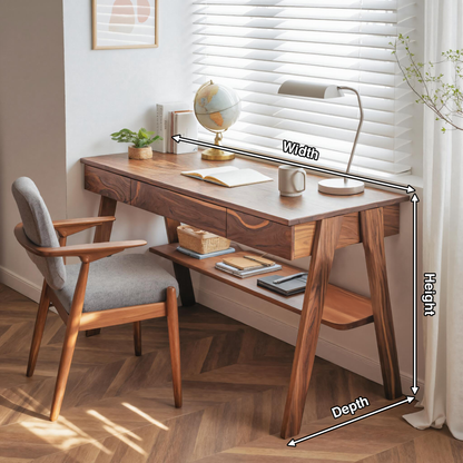 Mid Century Wooden Writing Desk With Drawers And Shelf For Home Office