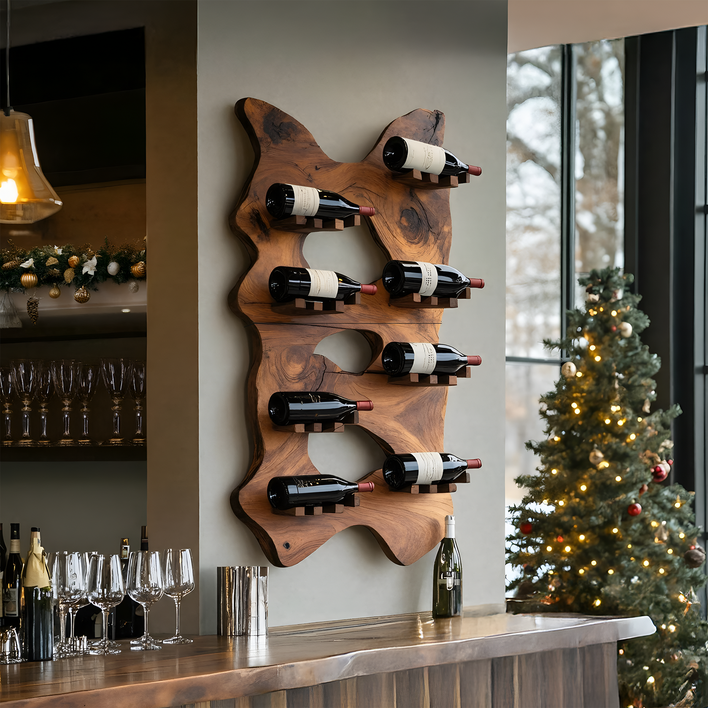 Mid Century Wooden Live Edge Wine Holder For Living Room Decor