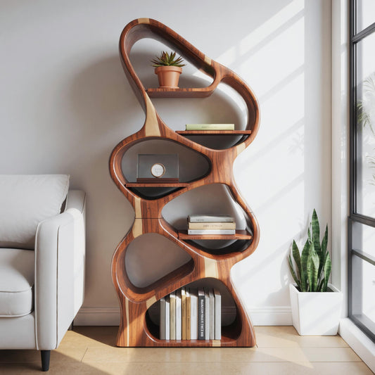 Modern Sculptural Bookshelf With Flowing Shelves For Home Library And Living Room