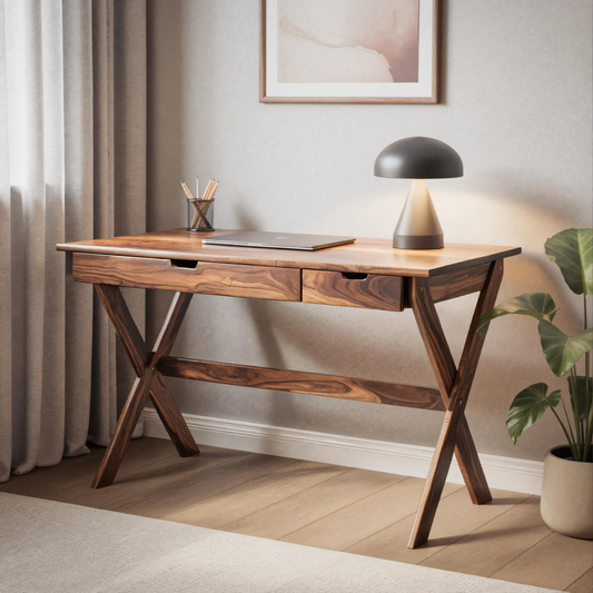 Scandinavian Wooden Desk with X Shaped Legs For Home Office Or Study