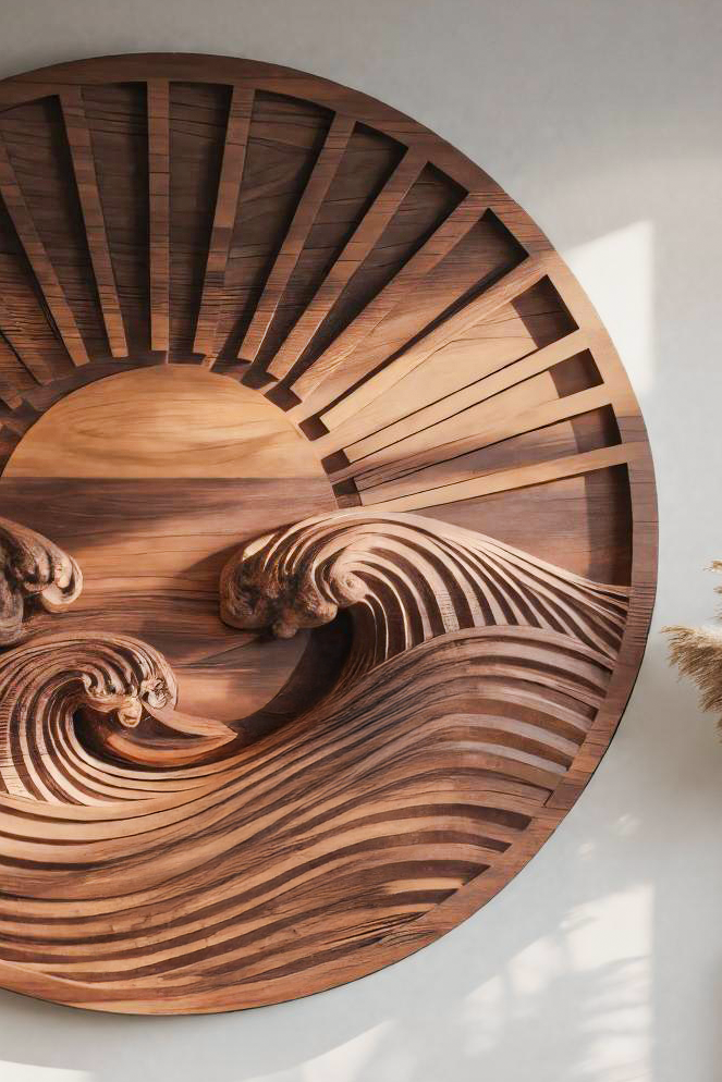 Round Wall Art With Carved Sun And Waves For Bedroom