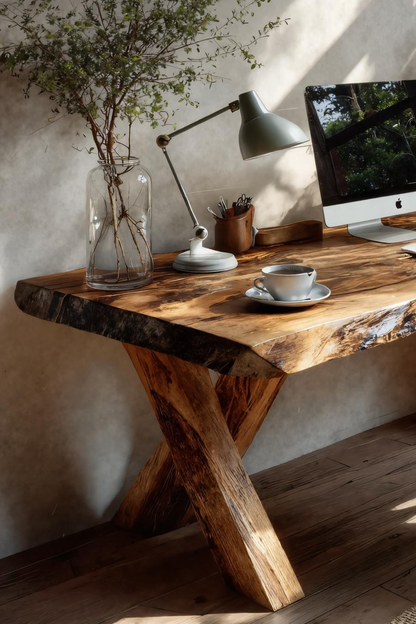 Rustic Live Edge Desk With X Legs For Home Office