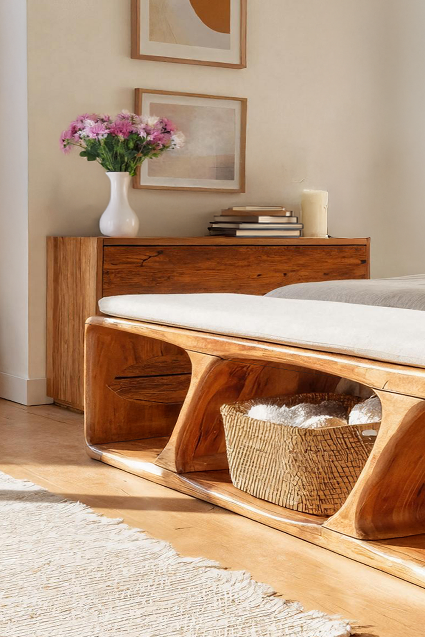 Mid Century Wood Bench For Warm Interior Spaces