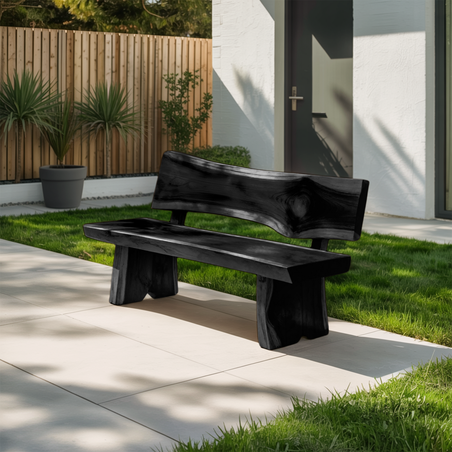 Contemporary Outdoor Wood Bench With Sculpted Back For Patio Or Courtyard