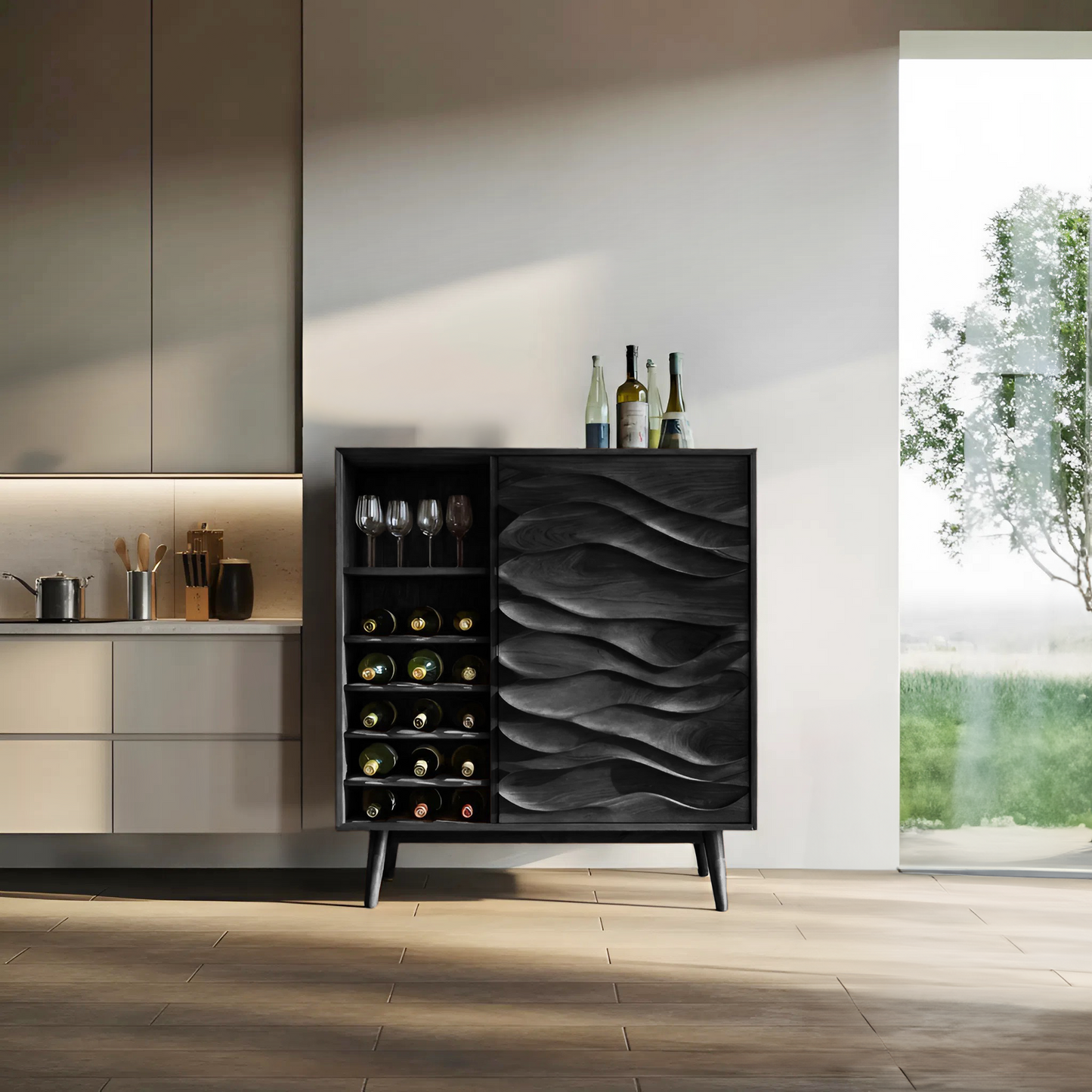 Sculptural Wine Cabinet With Wave Carved Doors For Kitchen