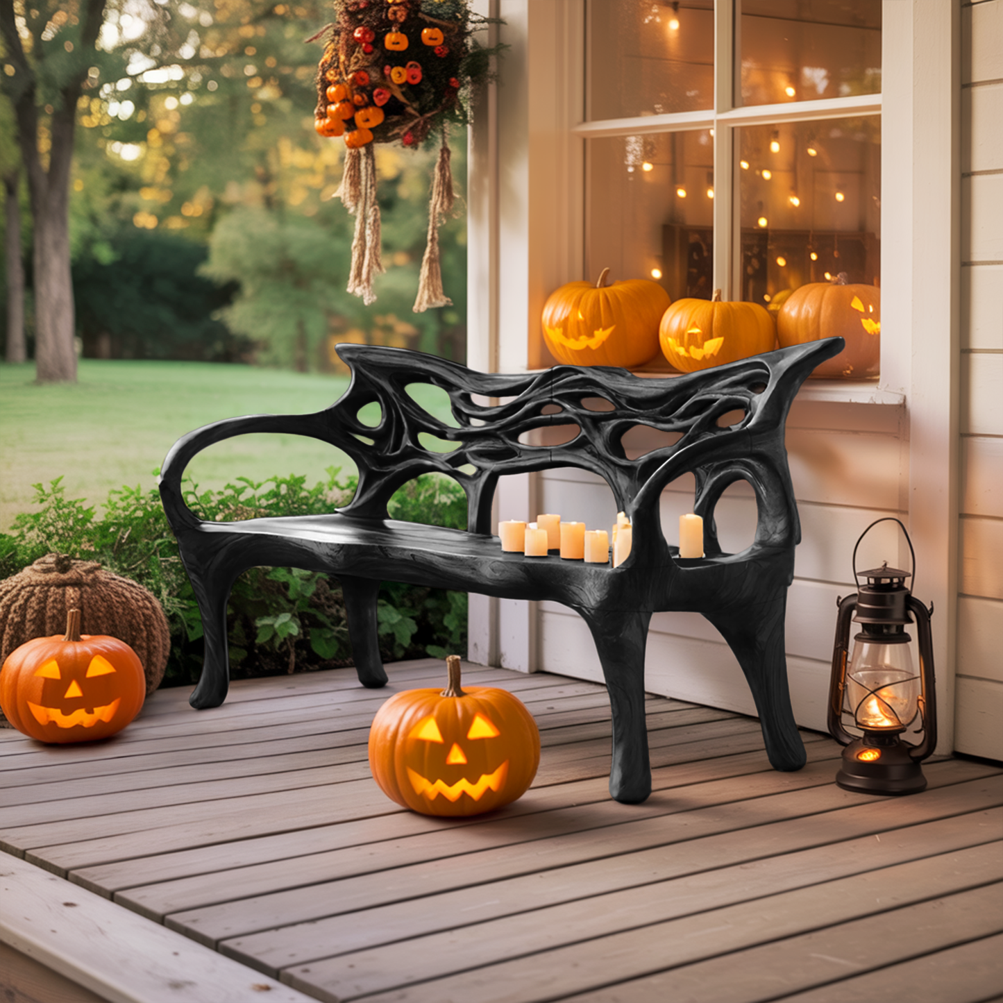 Mid Century Solid Wood Halloween Bench For Outdoor Design