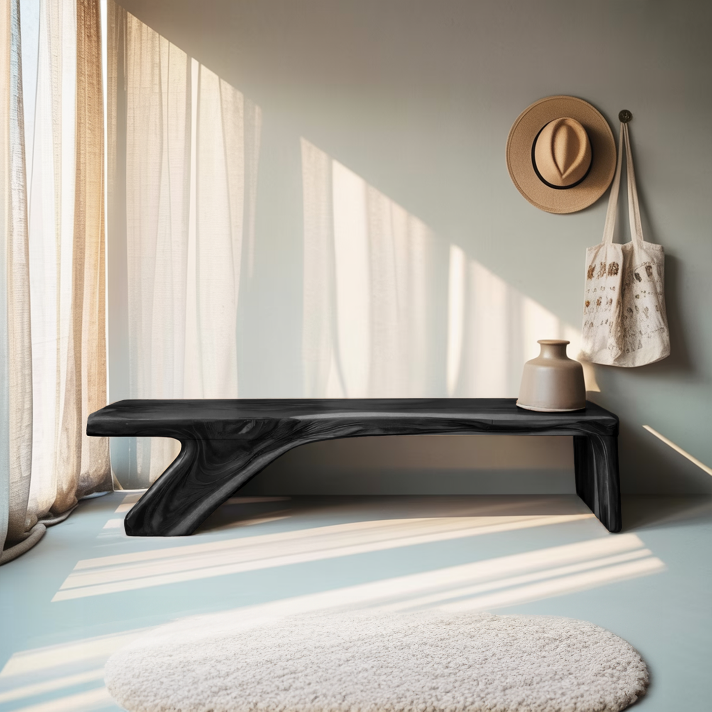 Architectural Bench With Sculpted Z Base For Entryway