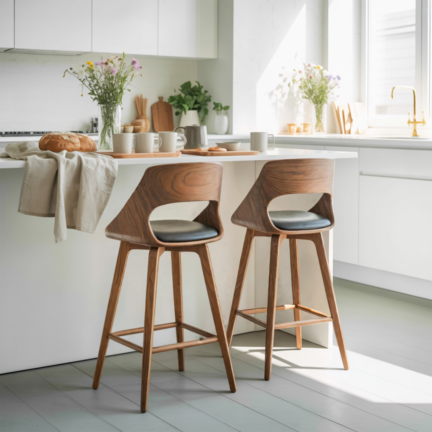Mid Century Modern Bar Stool with Backrest For Kitchen Home Bar