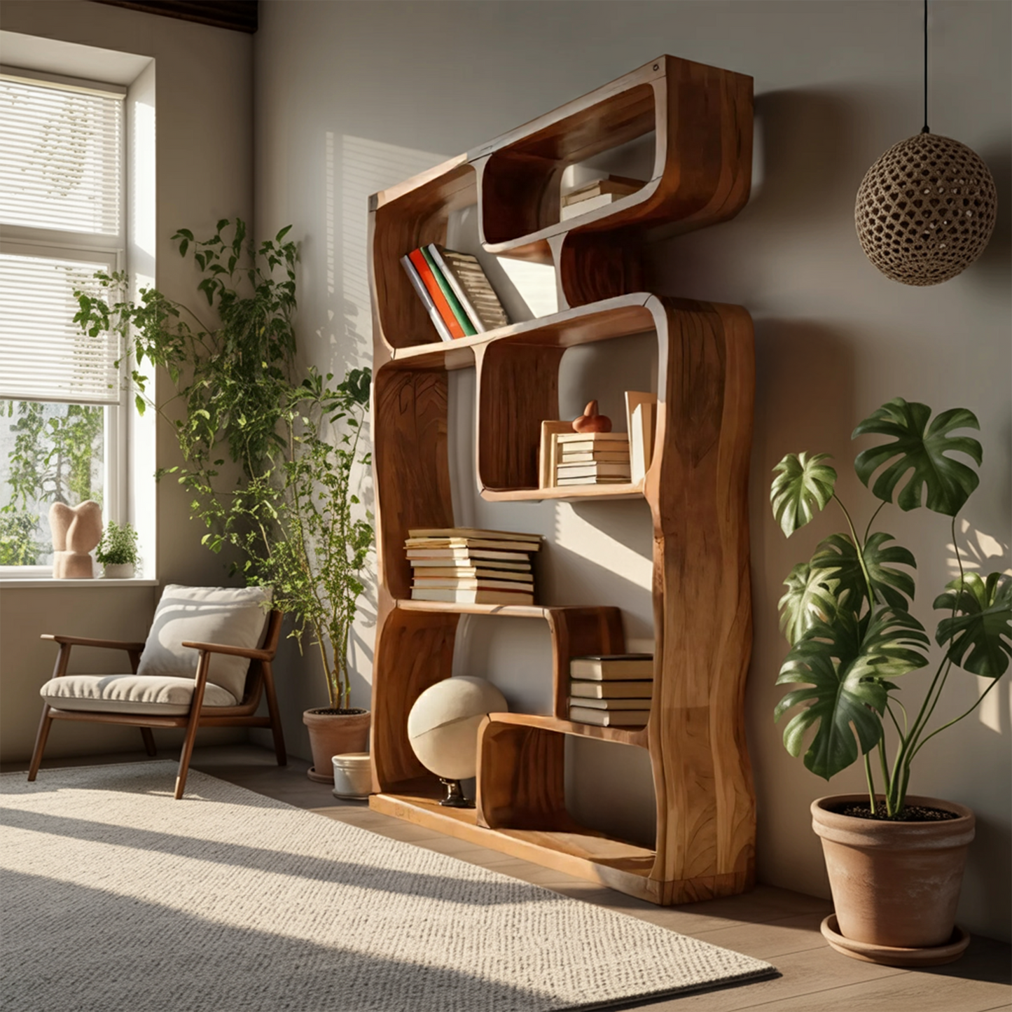 Modern Sculptural Bookshelf With Geometric Design For Living Room