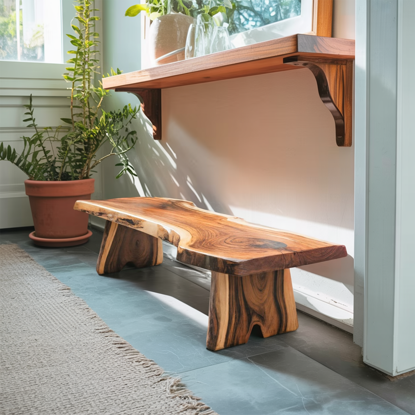 Minimalist Live Edge Outdoor Bench For Entryway Or Patio