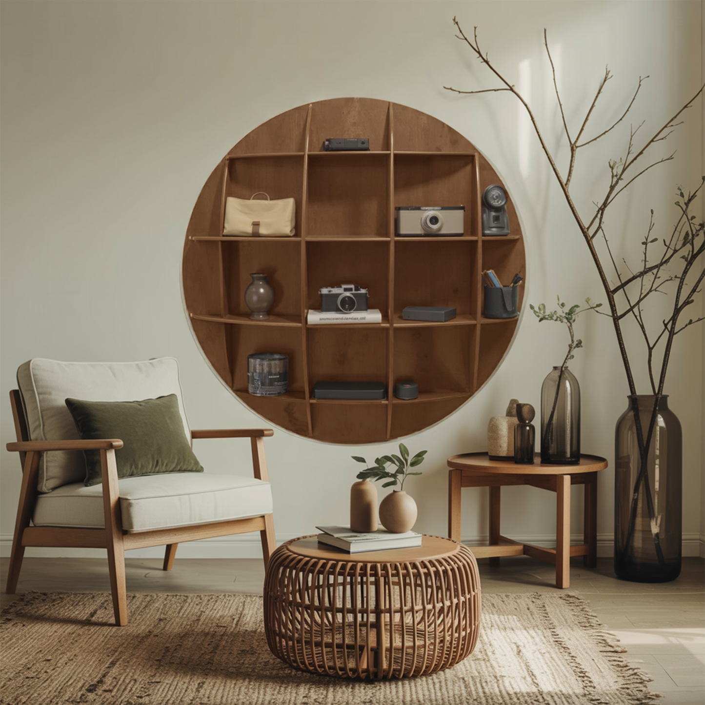 Modern Round Wall Mounted Shelf With Compartments For Living Room Office And Entryway