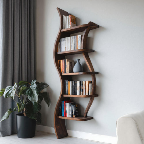Modern Sculptural Bookshelf With Curved Design For Living Room