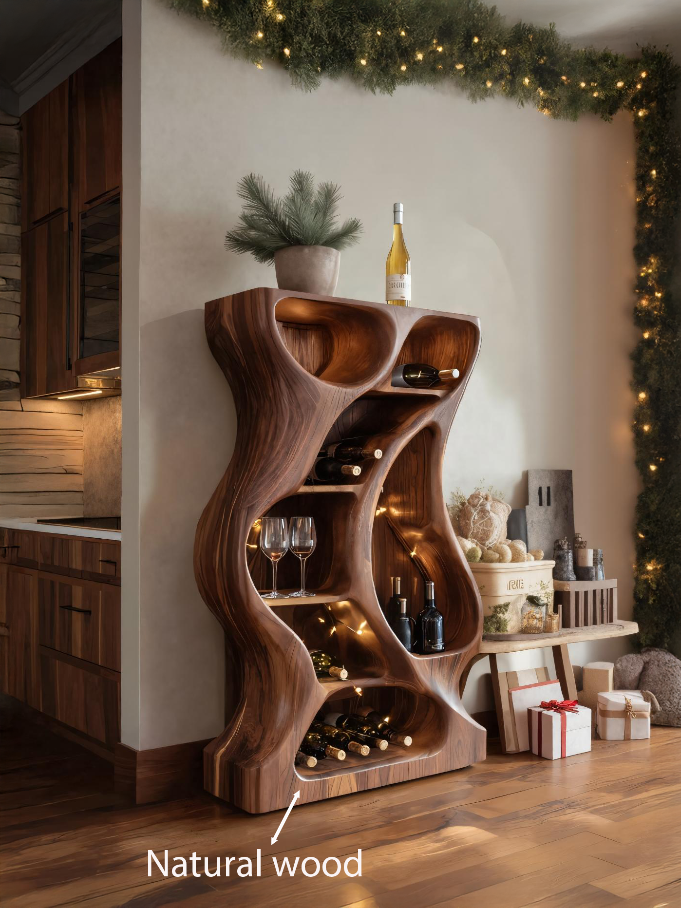 Modern Cabinet With Wave Carved Doors And Wine Storage For Kitchen