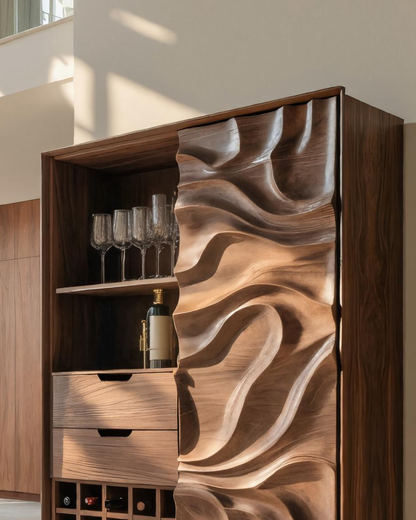 Sculptural Bar Cabinet With Wave Carved Doors For Kitchen
