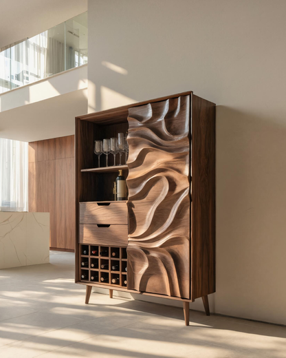 Sculptural Bar Cabinet With Wave Carved Doors For Kitchen